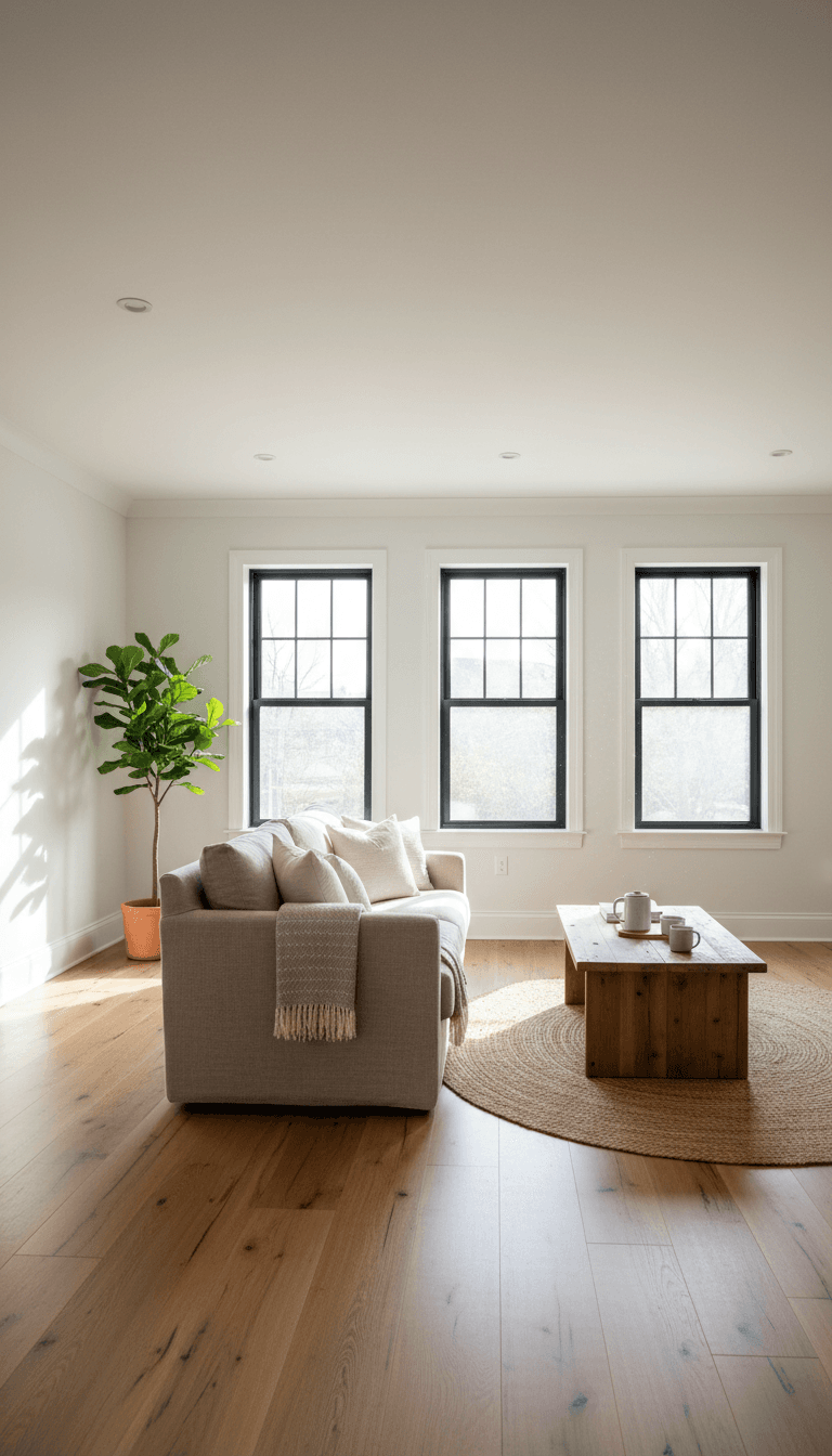 Bright living room with new oak flooring and fresh paint