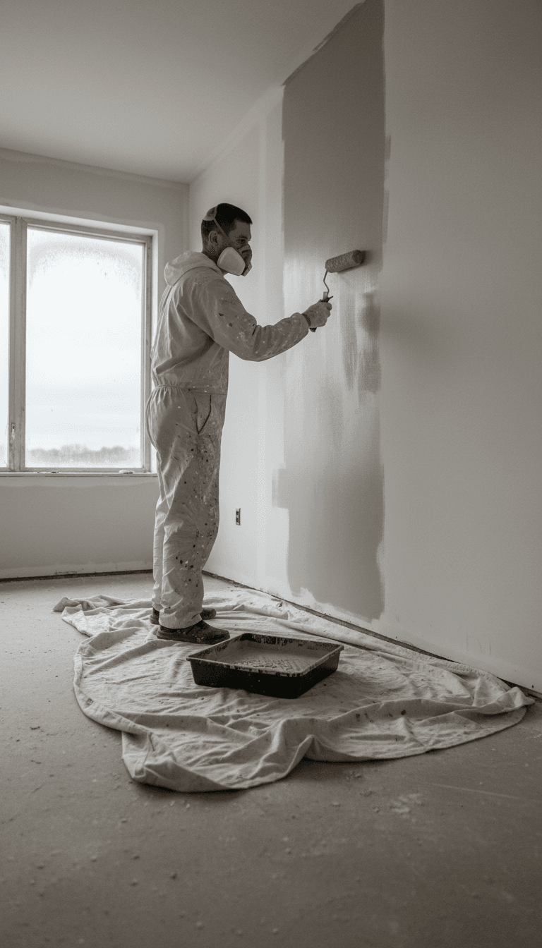 Painter refreshing walls in vacant rental apartment