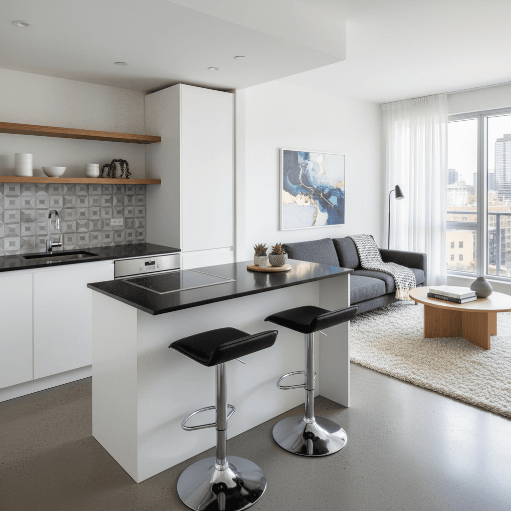 Compact apartment interior with updated kitchen and fixtures