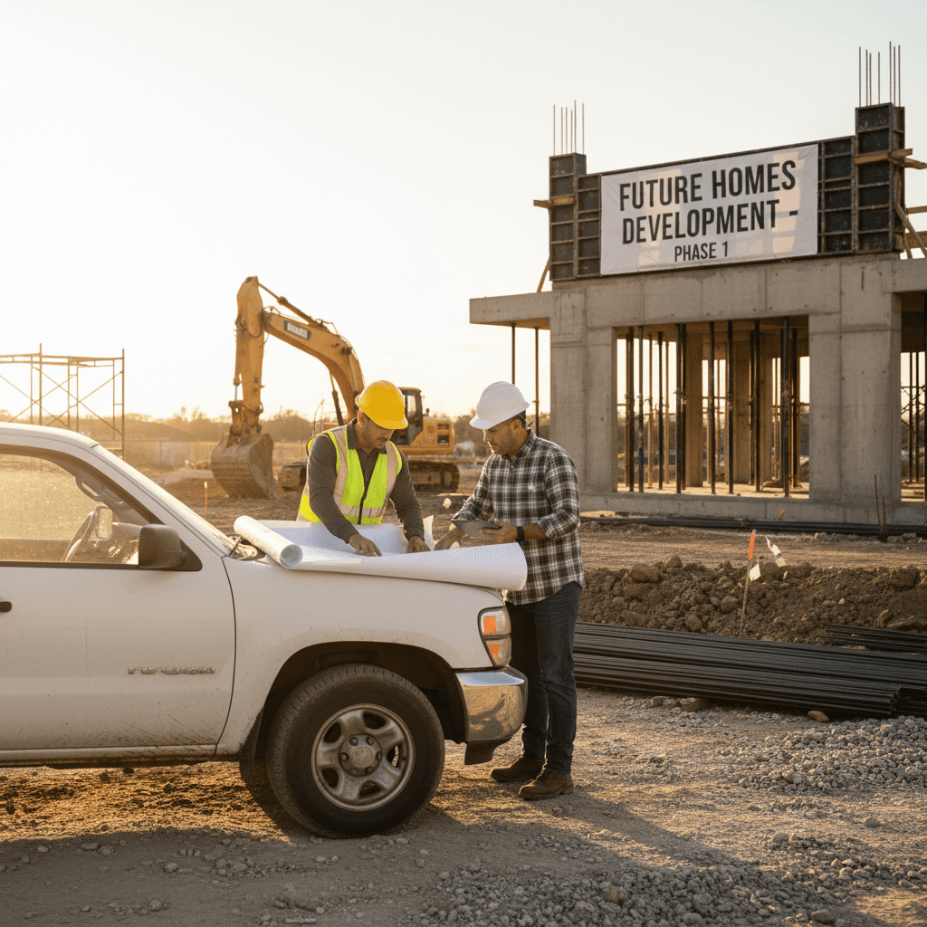 Contractor reviewing blueprints with construction worker