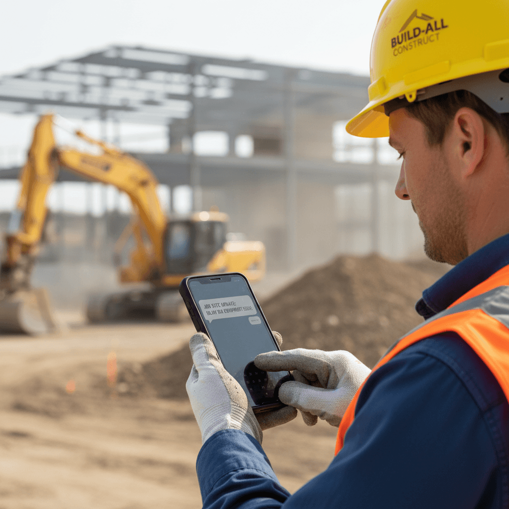 Contractor texting on smartphone at job site