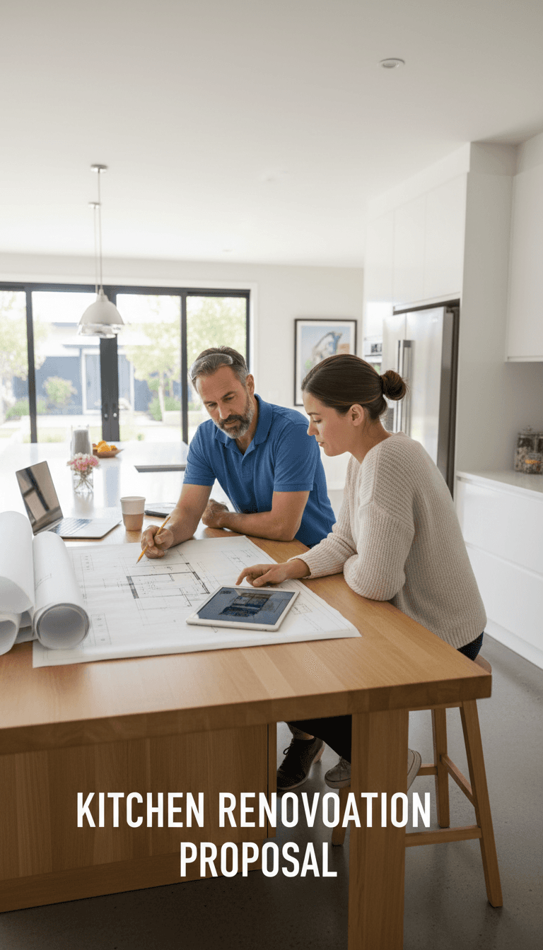 Contractor reviewing renovation plans with homeowner in modern kitchen