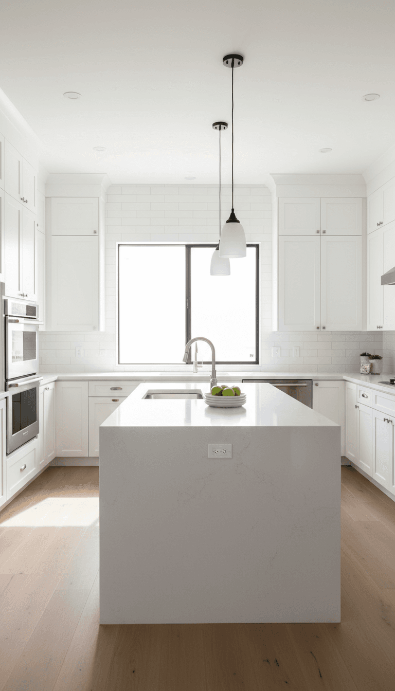 Modern kitchen renovation with white cabinets and island