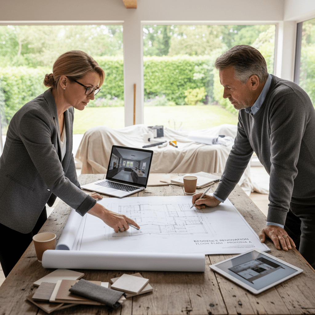 Designer reviewing renovation plans with client at a table