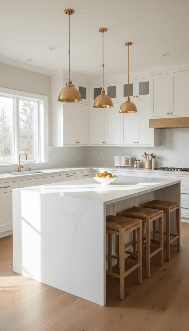 Newly remodeled kitchen with white cabinets and quartz island