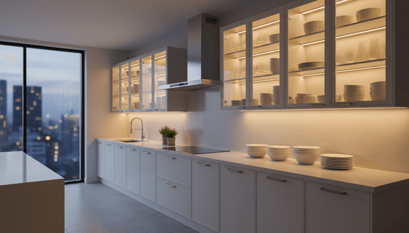 Kitchen with under cabinet lighting and glass front cabinets