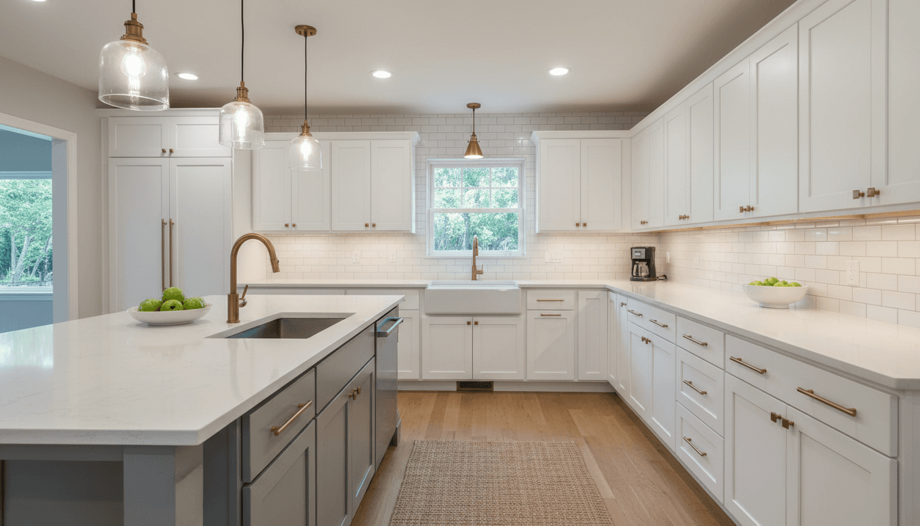 White shaker cabinets with brass hardware and subway tile