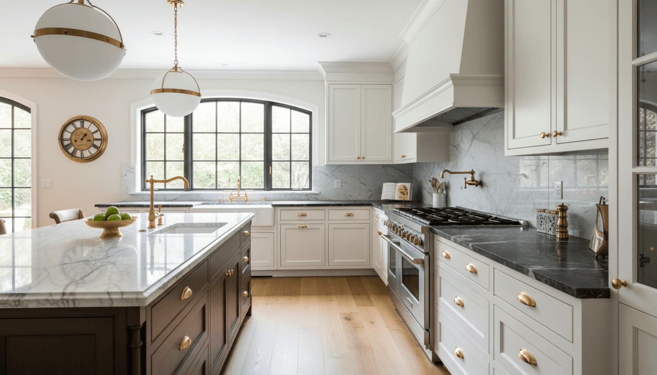 White shaker cabinets with brass hardware and a marble tile backsplash