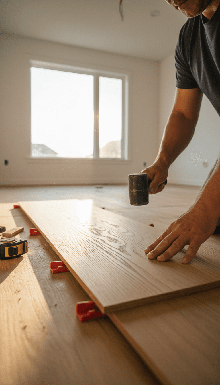 Contractor installing hardwood flooring in living room