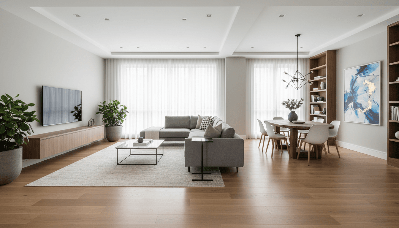 Modern open concept living room after a full home renovation