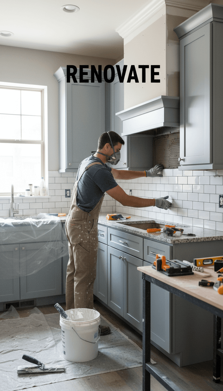 Craftsman installing tile backsplash