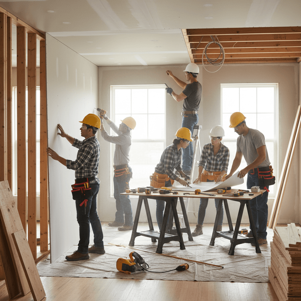 Construction crew working together in renovated home