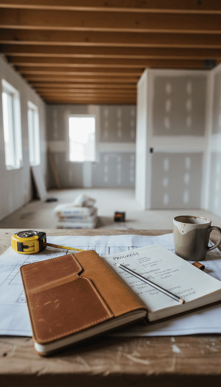 Notebook and pencil on a renovation work table with a partially finished kitchen in the background