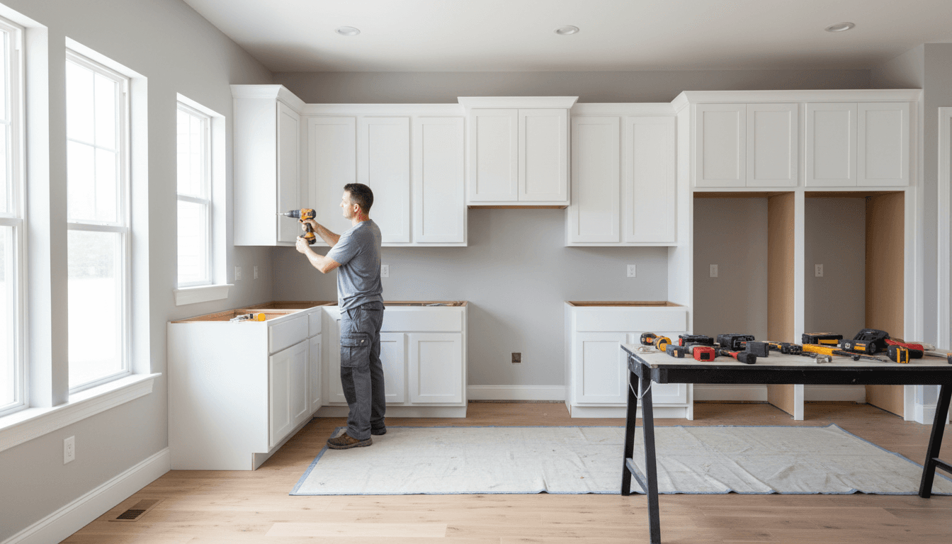Contractor installing new kitchen cabinets during renovation