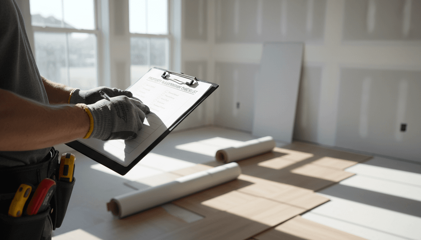 Contractor holding a clipboard during a rental property walkthrough