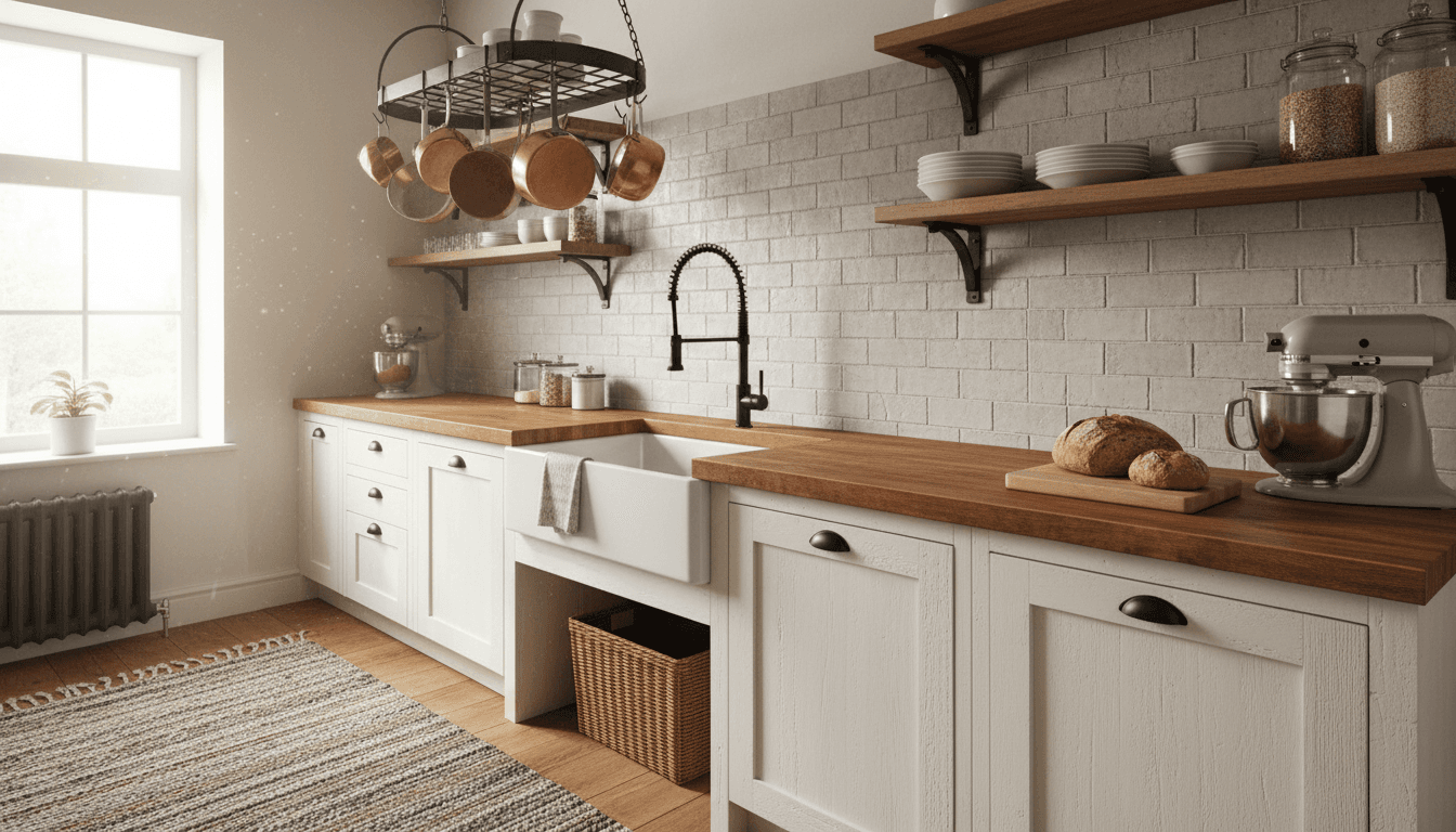 Butcher block countertops with a farmhouse sink and matte black faucet