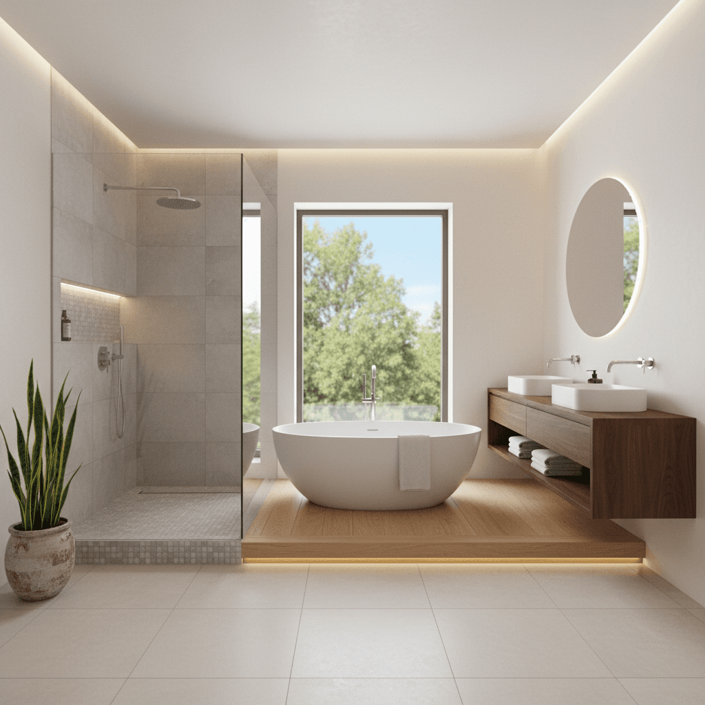 Modern renovated bathroom with walk-in shower and floating vanity