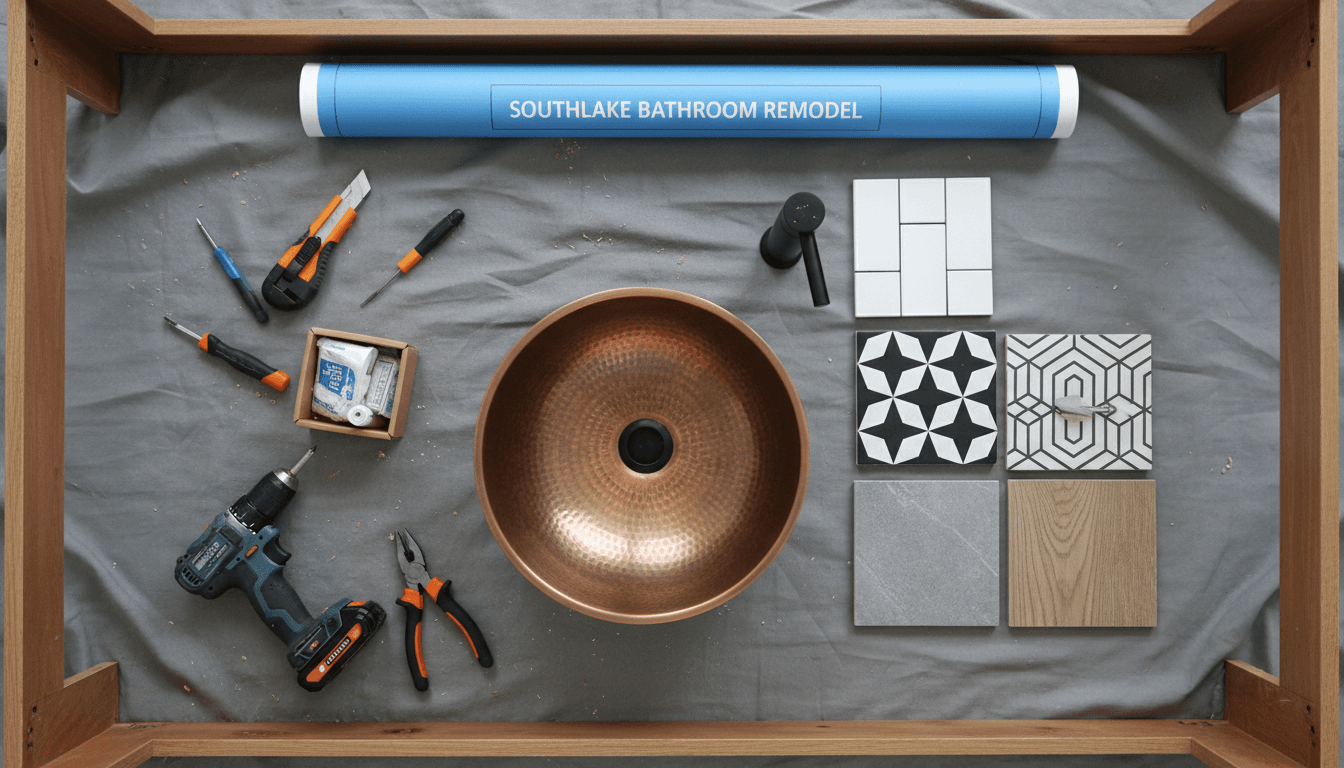 Bathroom vanity installation with copper sink and tile samples