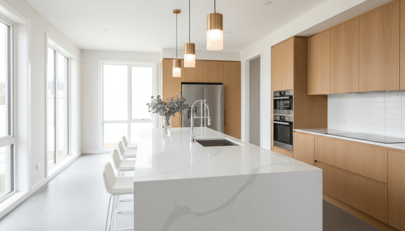 Modern kitchen with large island and quartz countertop