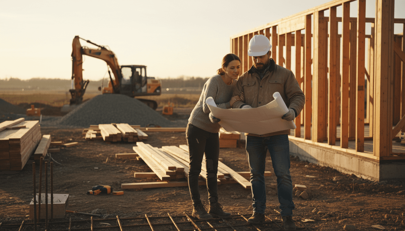 General contractor reviewing project plans with a homeowner on a construction site