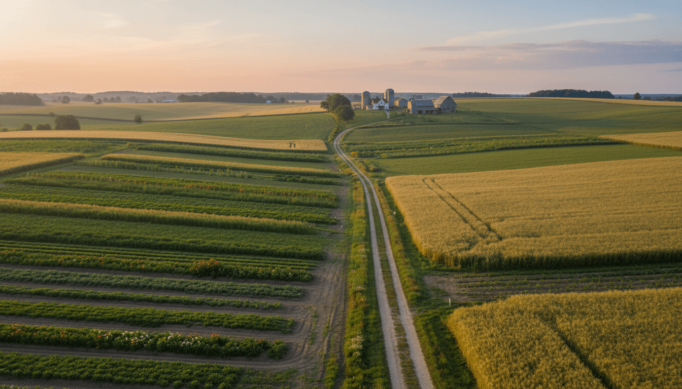Sweeping view of organized farmland with multiple crop rows, dirt paths, and rural structures under morning light