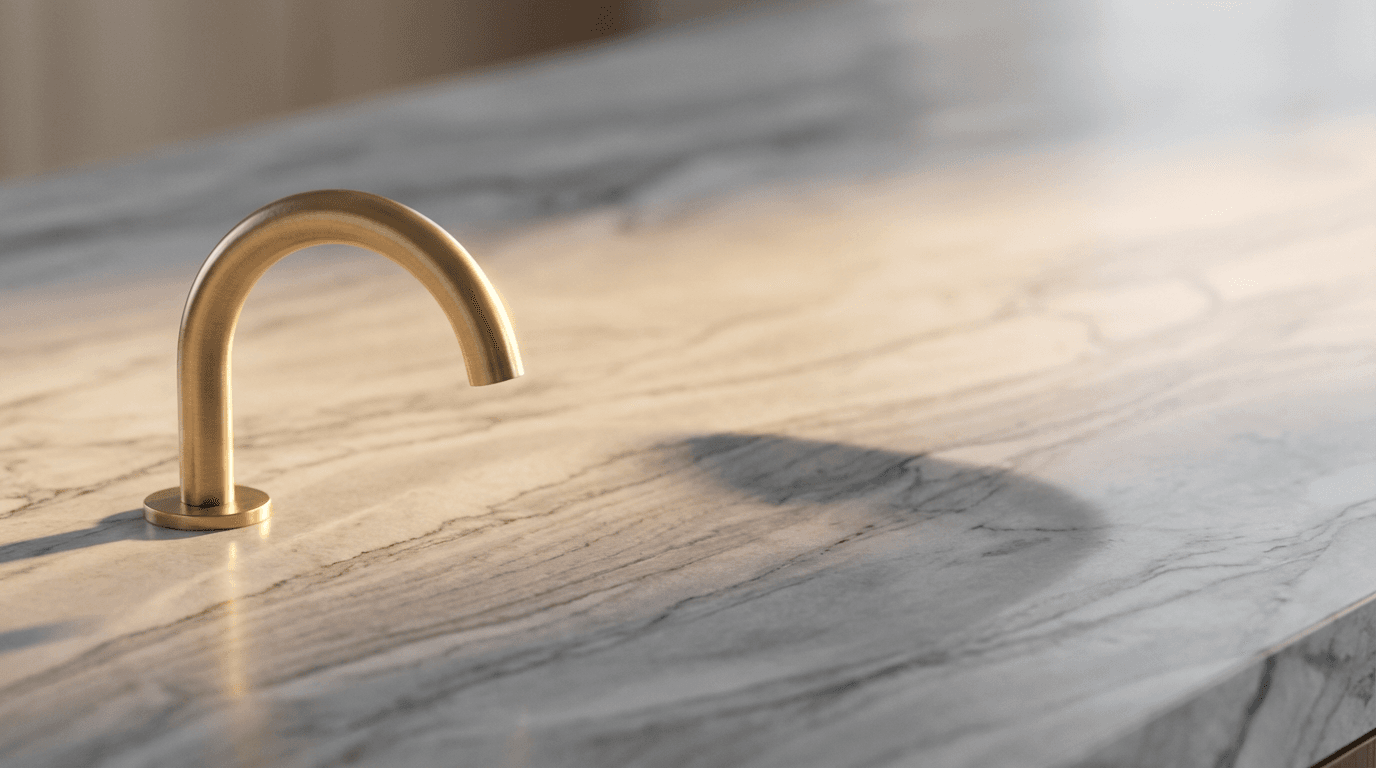 Modern luxury bathroom with marble countertops, contemporary fixtures, and warm ambient lighting