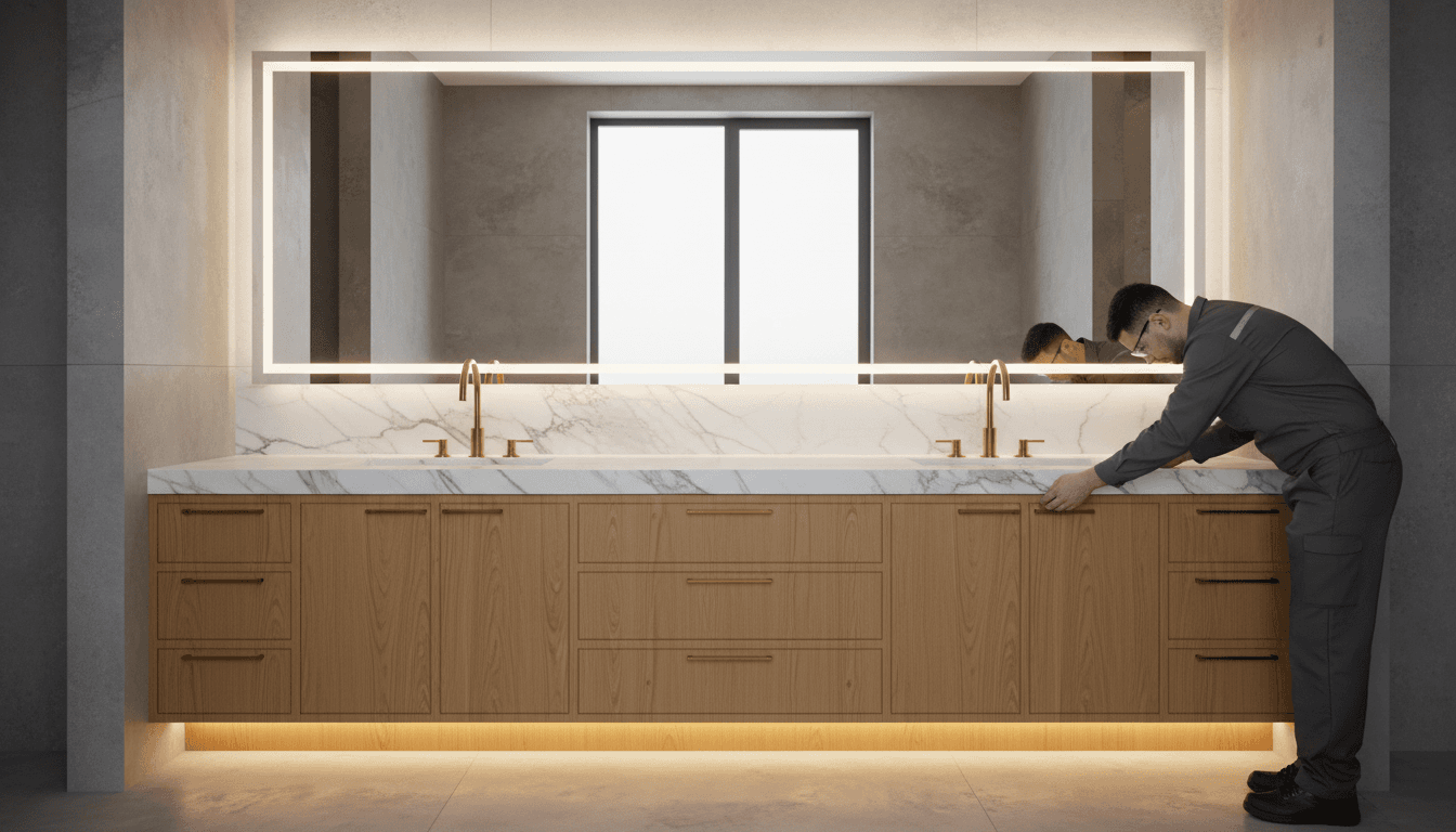 Completed bathroom vanity installation with custom cabinetry and lighting