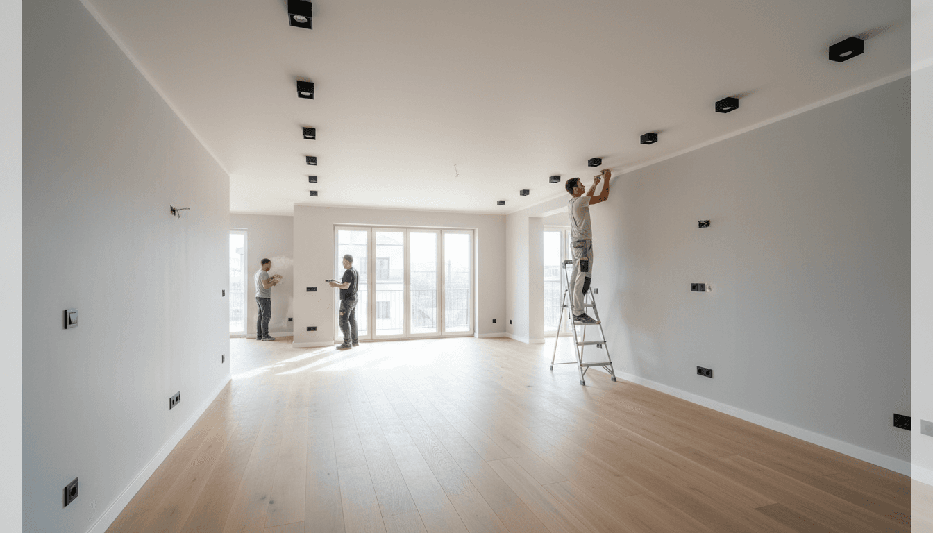 Modern residential interior renovation showing freshly painted walls, newly installed lighting, and professionals completing home improvement work