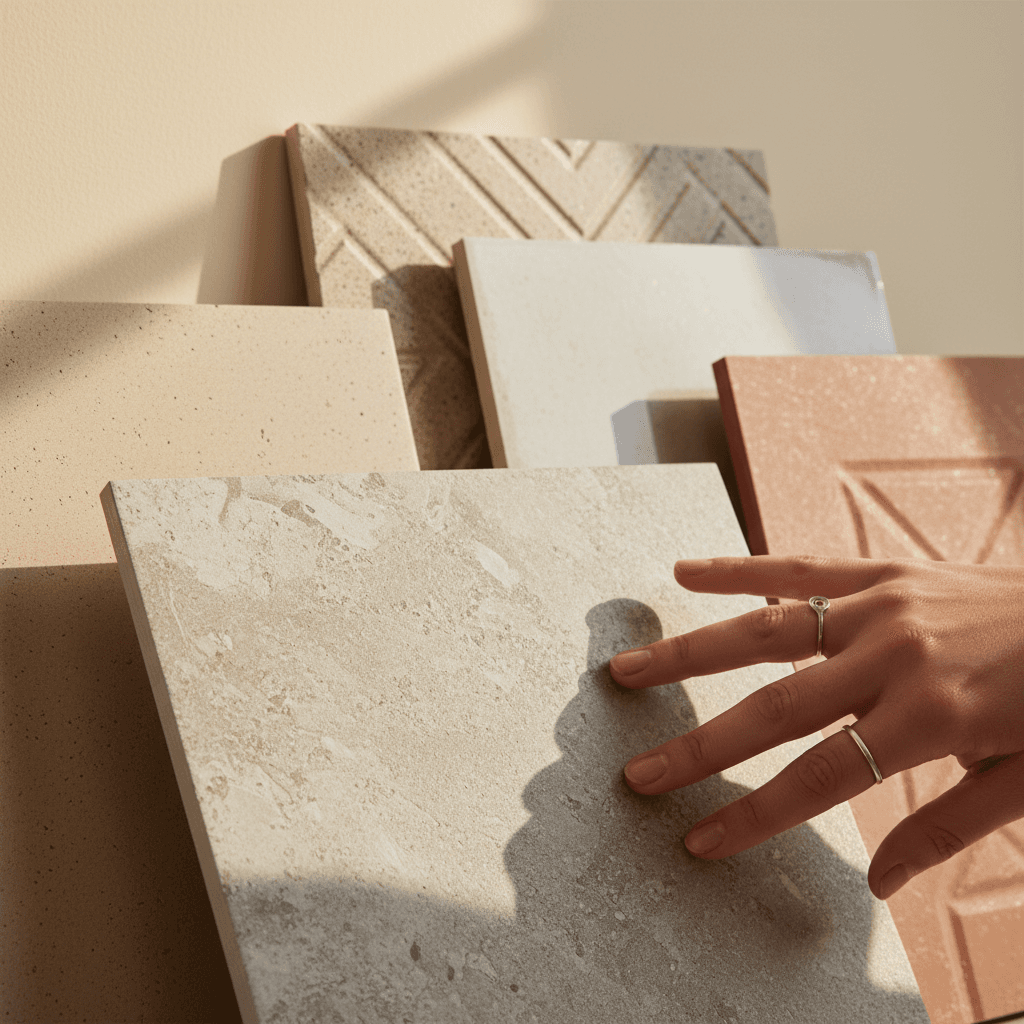 Close-up of designer's hand touching premium porcelain stoneware tiles displaying varied textures and matte finishes in neutral tones