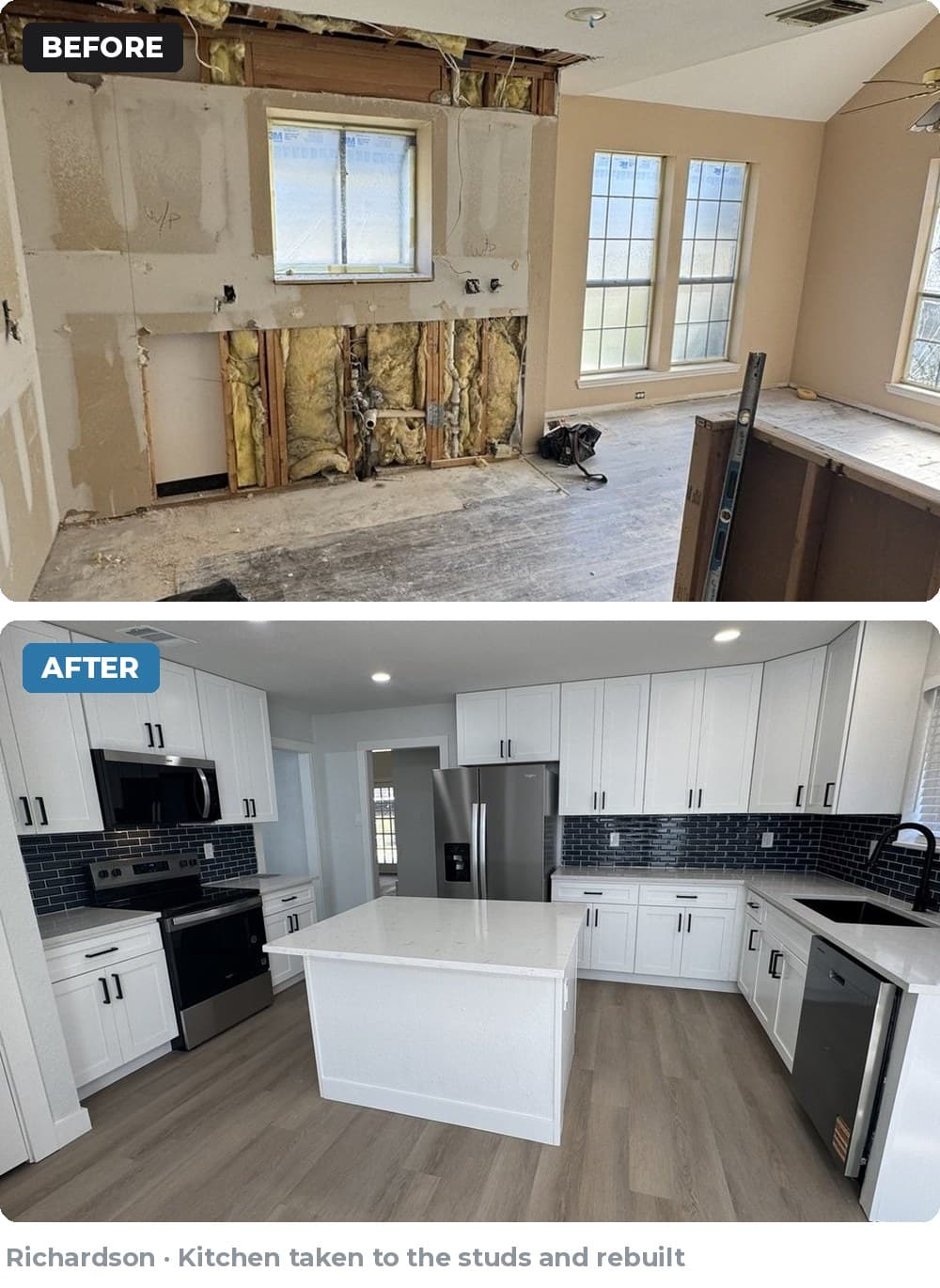 Before and after comparison of a kitchen renovation from bare studs to modern white cabinetry.