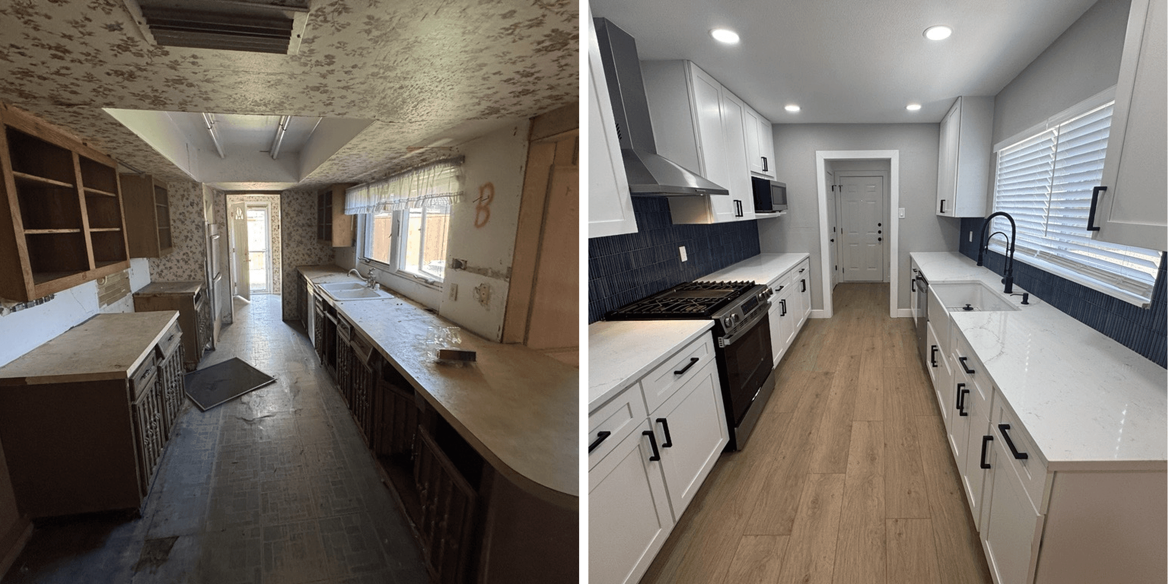 Before and after comparison of a dilapidated kitchen transformed into a modern white kitchen.