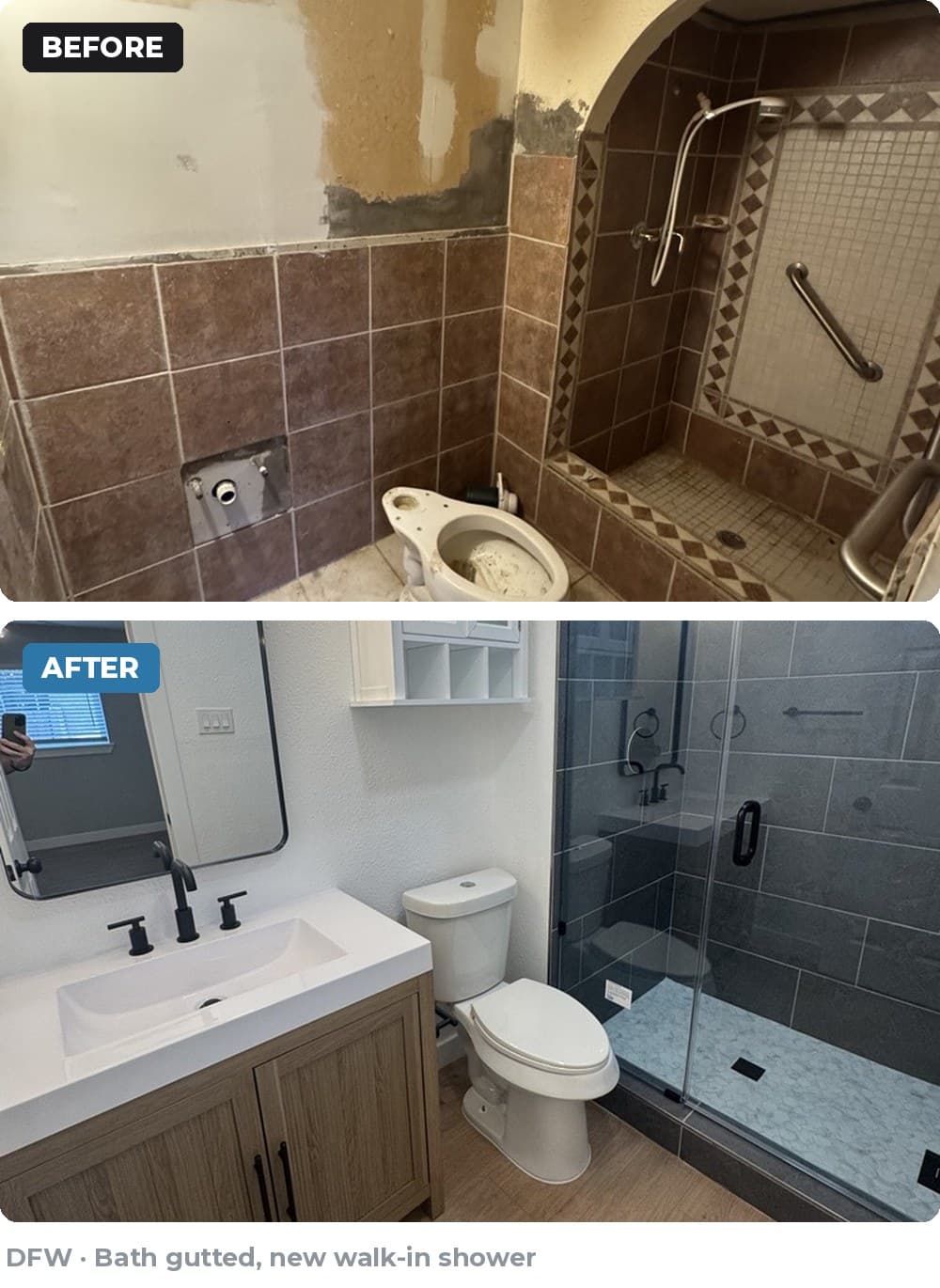 Before and after bathroom renovation from dated brown tiles to a modern grey glass shower.