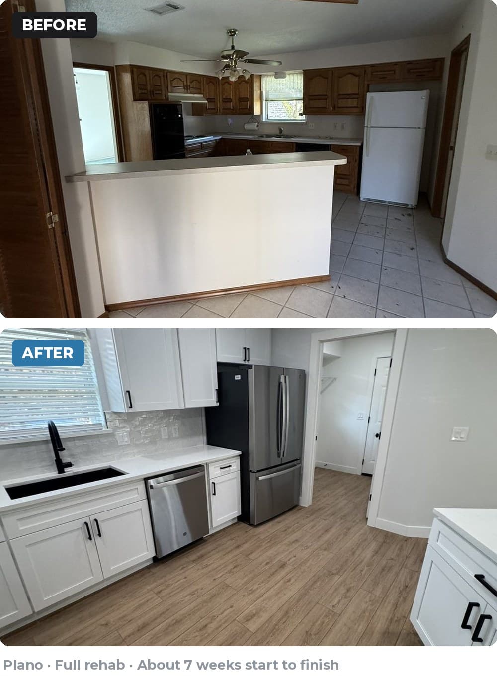 Before and after kitchen renovation from dated wood to modern white cabinets and stainless appliances.