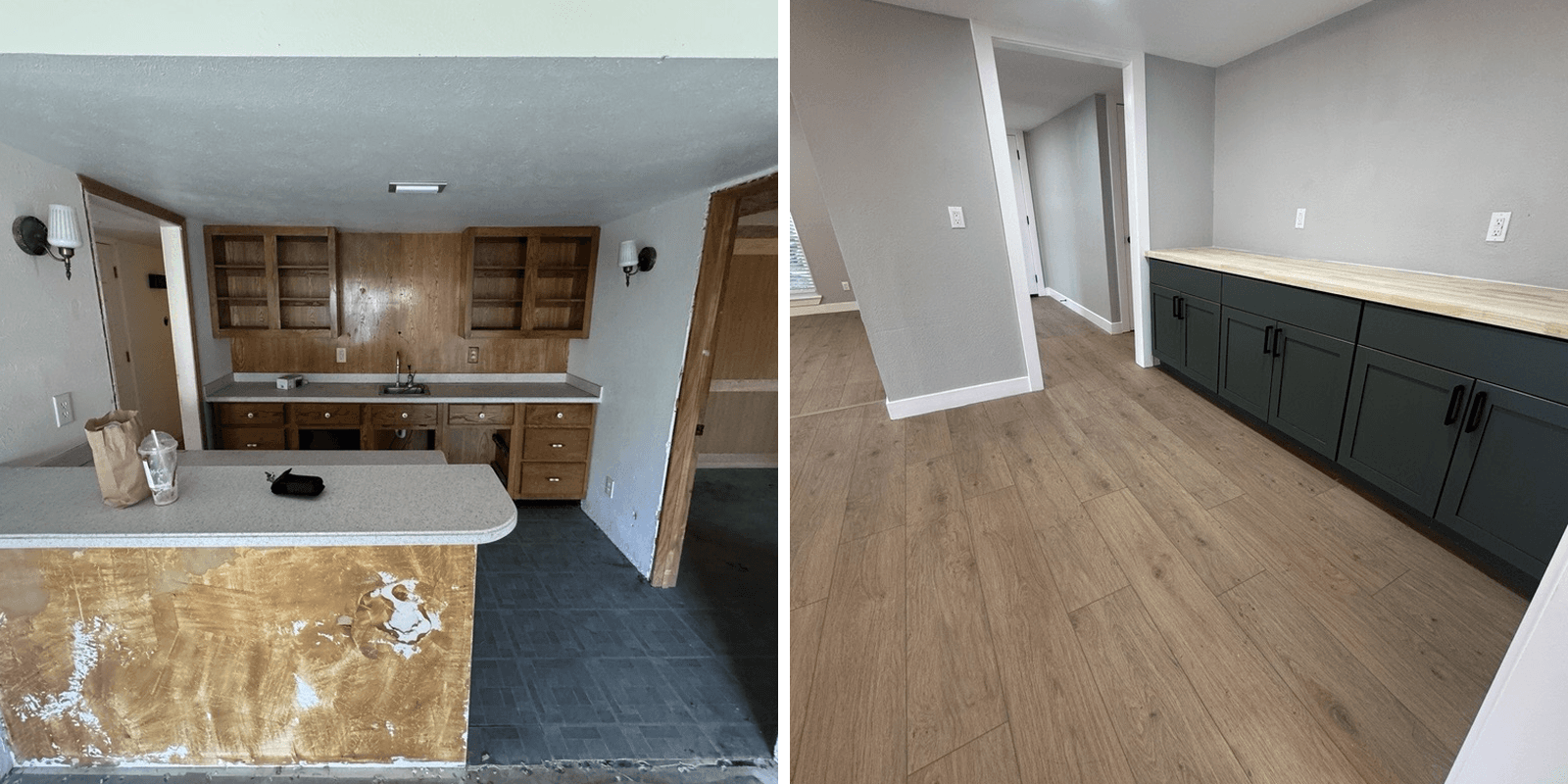 Before and after comparison of a room renovation featuring new grey walls and green cabinets.