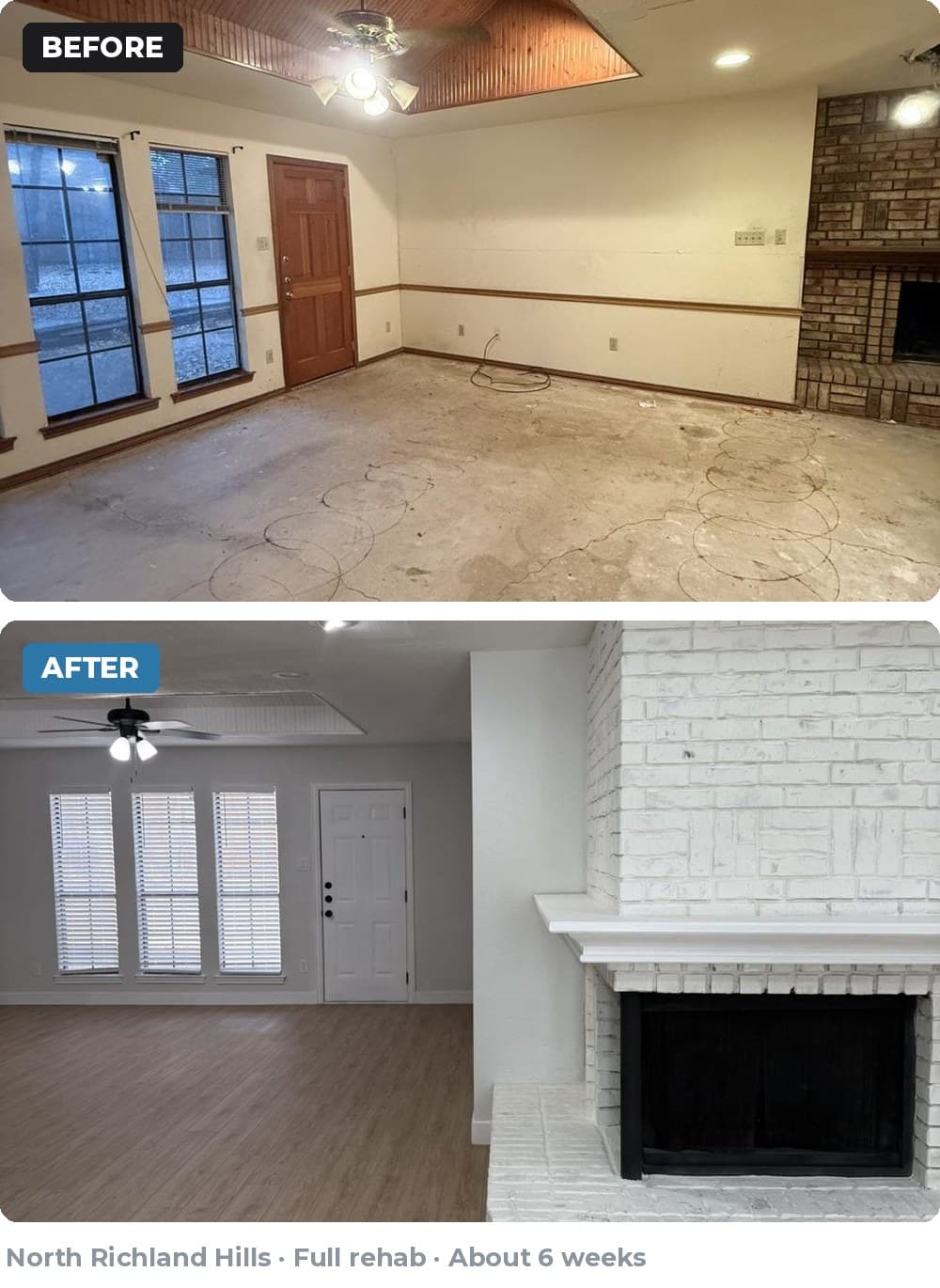 Before and after comparison of a living room renovation with new flooring and white-painted brick.