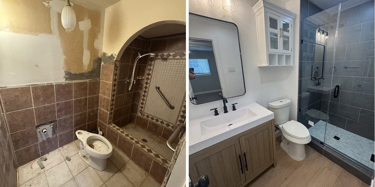 Side-by-side comparison of a bathroom before and after a modern renovation with sleek fixtures.