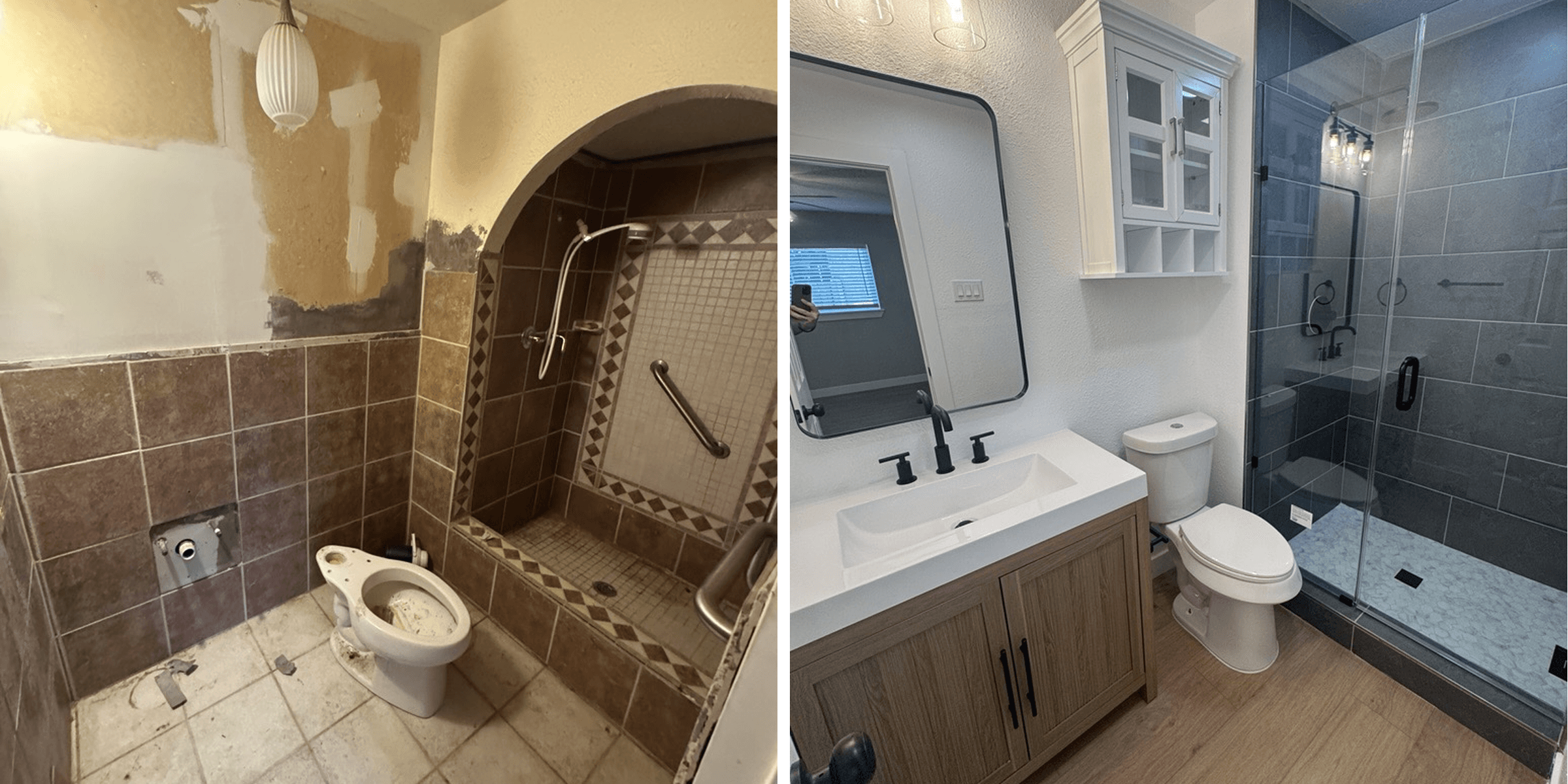 Before and after bathroom renovation from dated brown tiles to modern gray and white finishes.