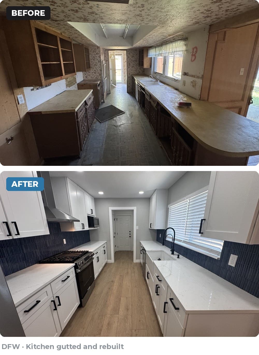 Before and after photos of a kitchen transformation from dated wallpaper to modern white cabinetry.
