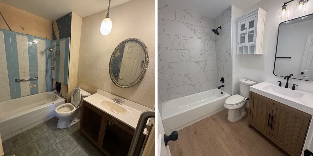Before and after photos of a bathroom renovation featuring modern marble tiles and wood vanity.
