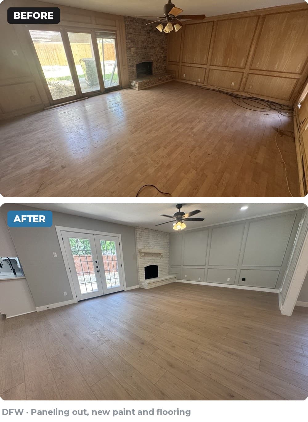 Before and after living room renovation with light grey walls, white fireplace, and new flooring.