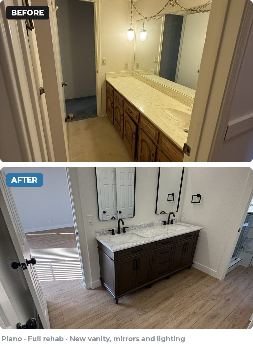 Before and after comparison showing a bathroom renovation with a new modern double vanity.
