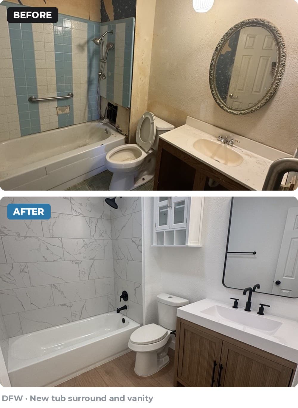 Before and after comparison of a bathroom remodel with new marble tiles and modern vanity.