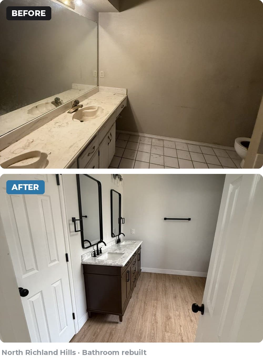 Before and after comparison of a bathroom remodel with a modern double vanity and flooring.