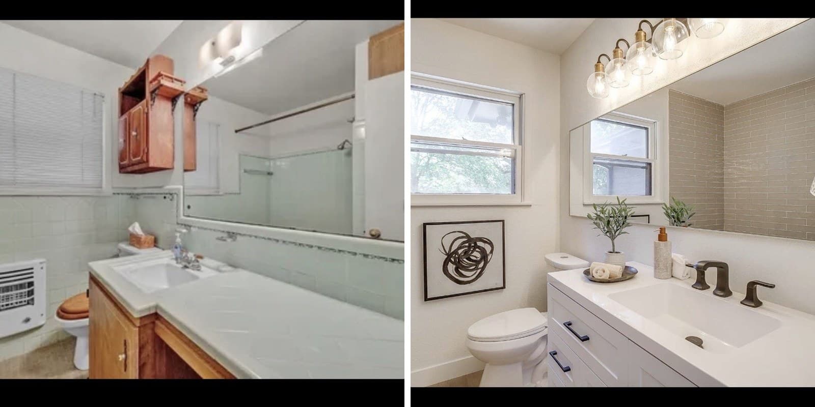 Side-by-side comparison of a bathroom renovation from dated green tiles to a modern white design.