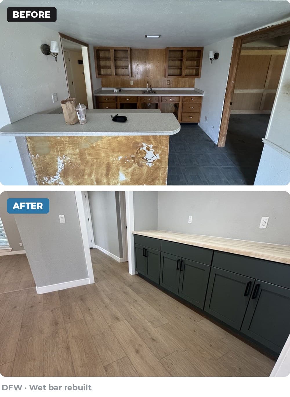 Before and after comparison of a wet bar remodel with dark green cabinets and flooring.