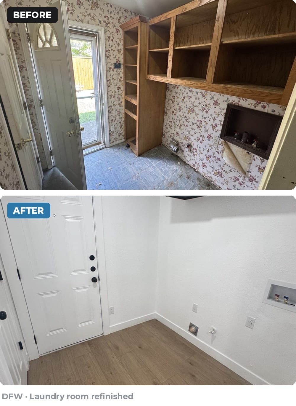 Before and after laundry room renovation featuring white walls and new light wood-look flooring.