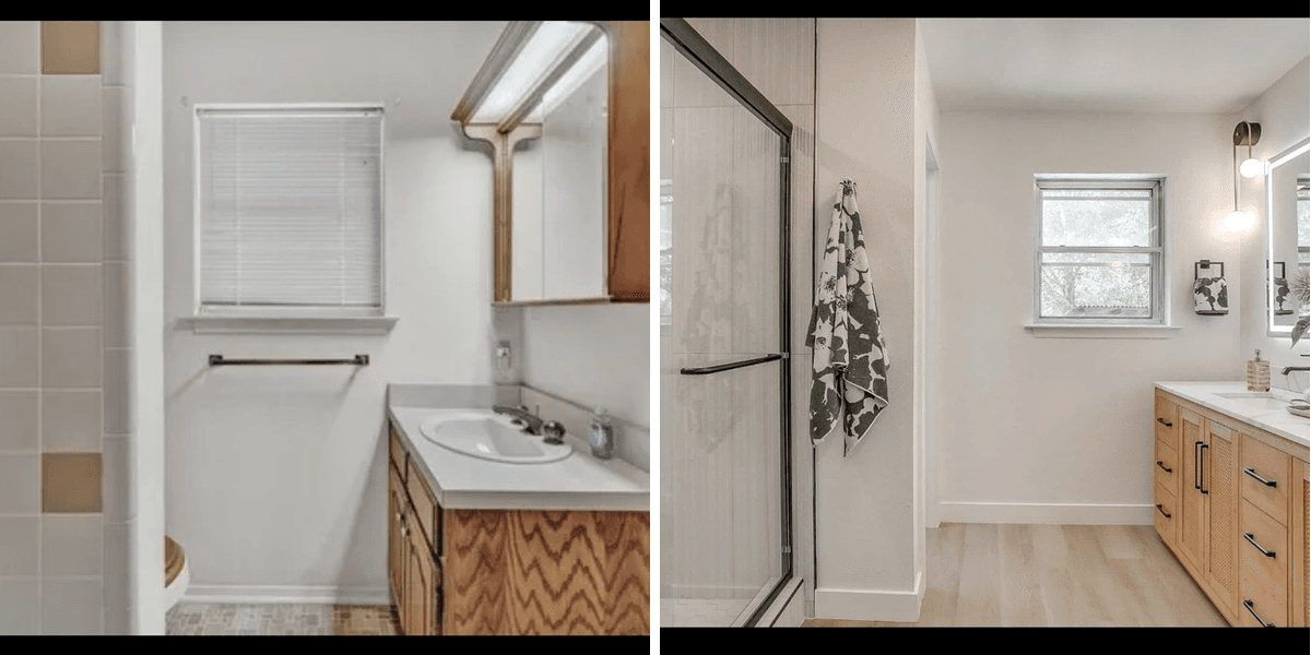 A side-by-side comparison of a dated bathroom renovated into a bright, modern, updated space.