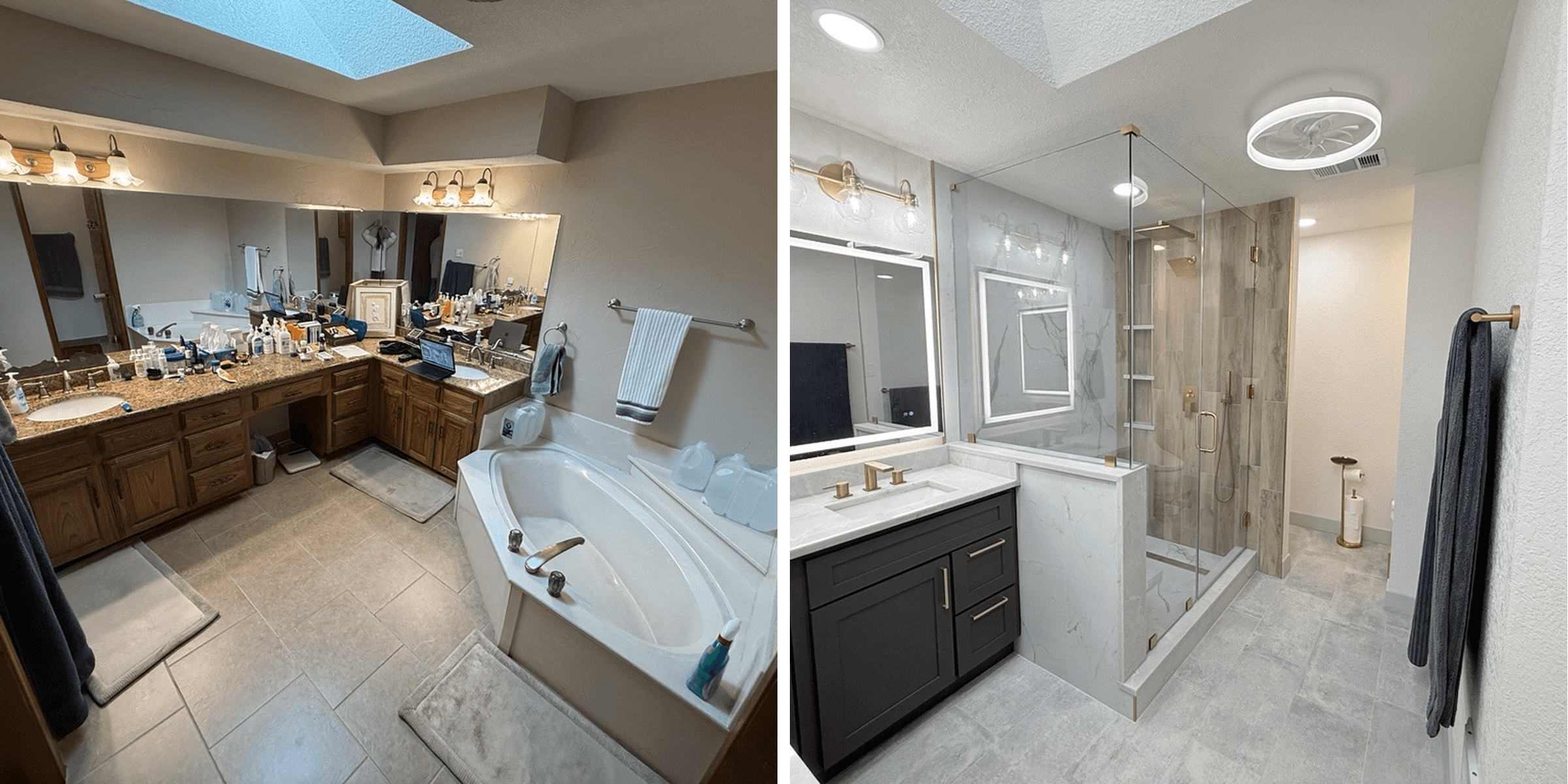 Before and after comparison of a cluttered bathroom renovated into a modern, marble-tiled space.
