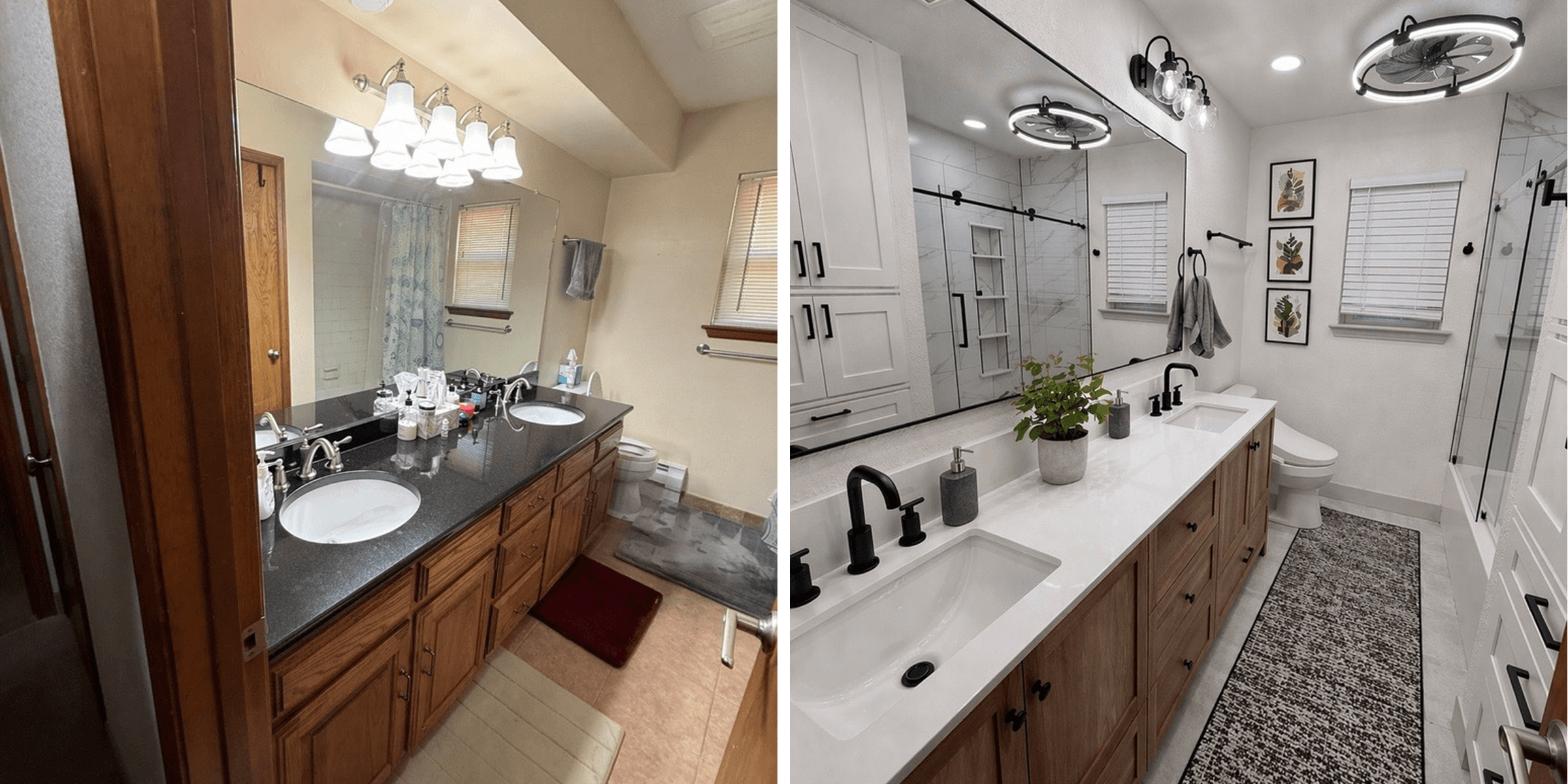 Side-by-side comparison of a dated bathroom transformed into a bright, modern space with black fixtures.