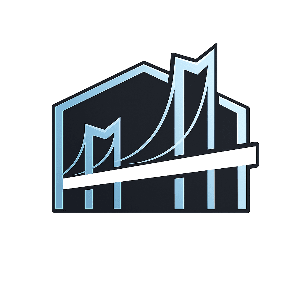Stylized blue and black logo featuring a suspension bridge silhouette and a white diagonal bar.